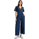 Women's Denim Button Down Short Sleeve Jumpsuit BK14049 - Crazy House Western Wear