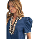 Women's Denim Puff Shoulder Lovely Denim Top R7298