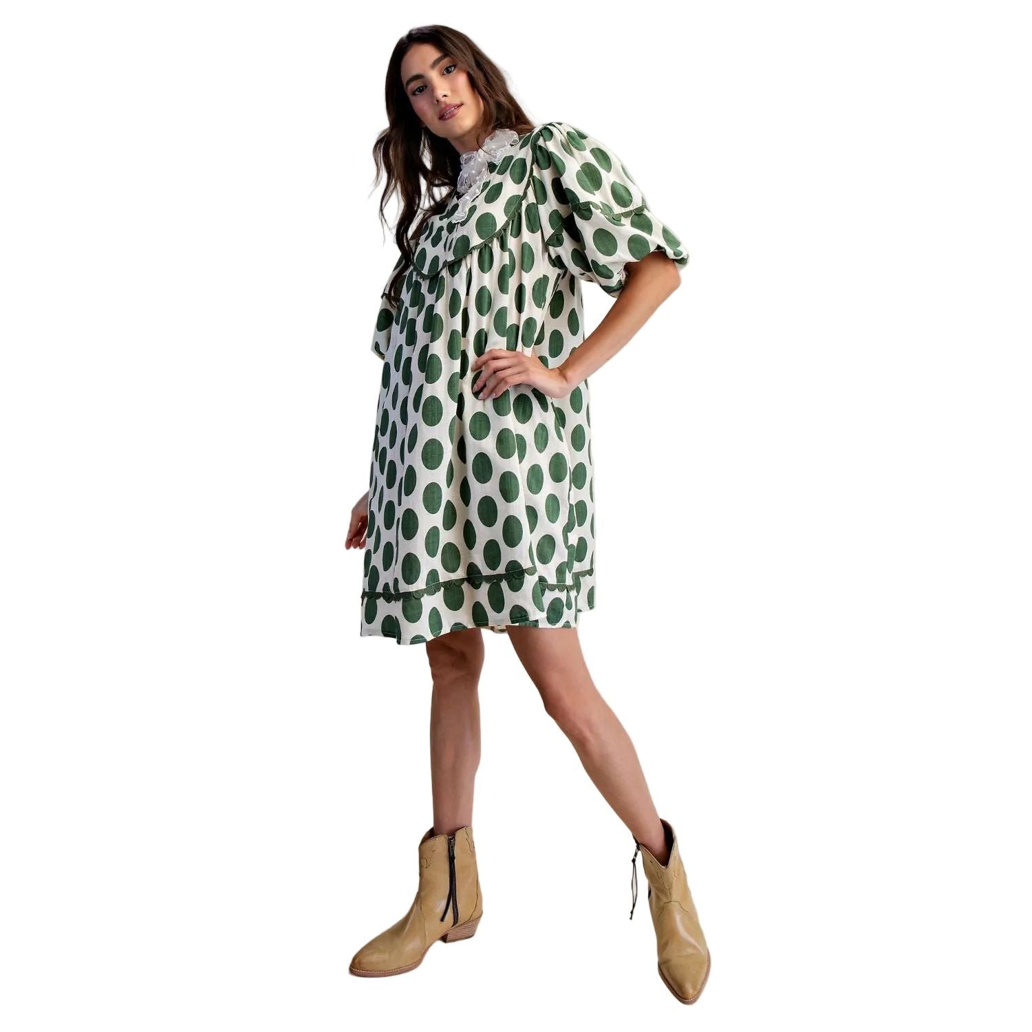 Women's Easel Sage Green Polka Dot Linen Mini Dress ED29634 S