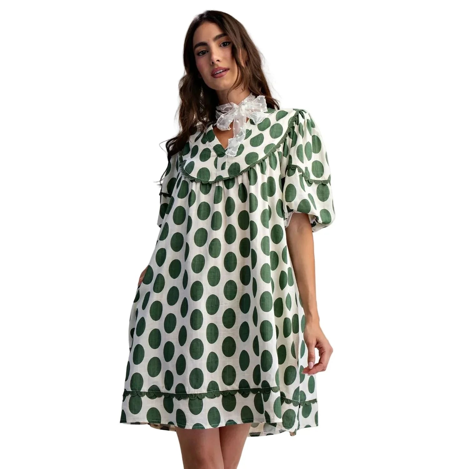 Women's Easel Sage Green Polka Dot Linen Mini Dress ED29634 S