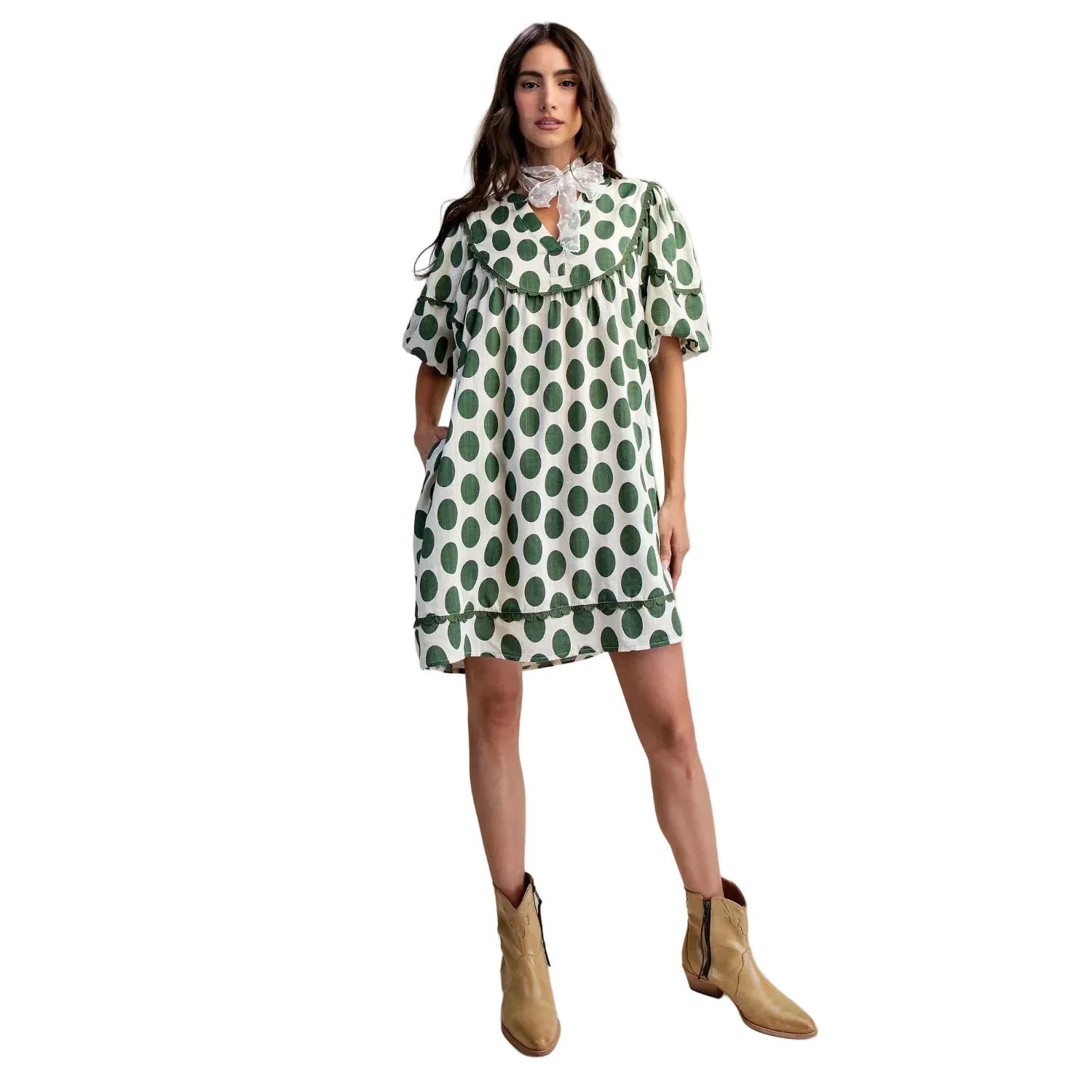 sage green linen dress Women's Easel Polka Dot Mini ED29634 – Crazy House Western Wear An elven bride walks waist bodice Pleated skirt EE Width:Medium (B/C/D)