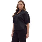 Women's Entro Black Solid Puff Sleeve V-neck Blouse