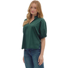 Women's Entro Hunter Green Puff Sleeve V-neck Top