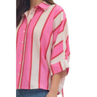 Women's Entro Pink and White Striped Button up 3/4 Sleeves Top T30989