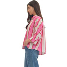 Women's Entro Pink and White Striped Button up 3/4 Sleeves Top T30989