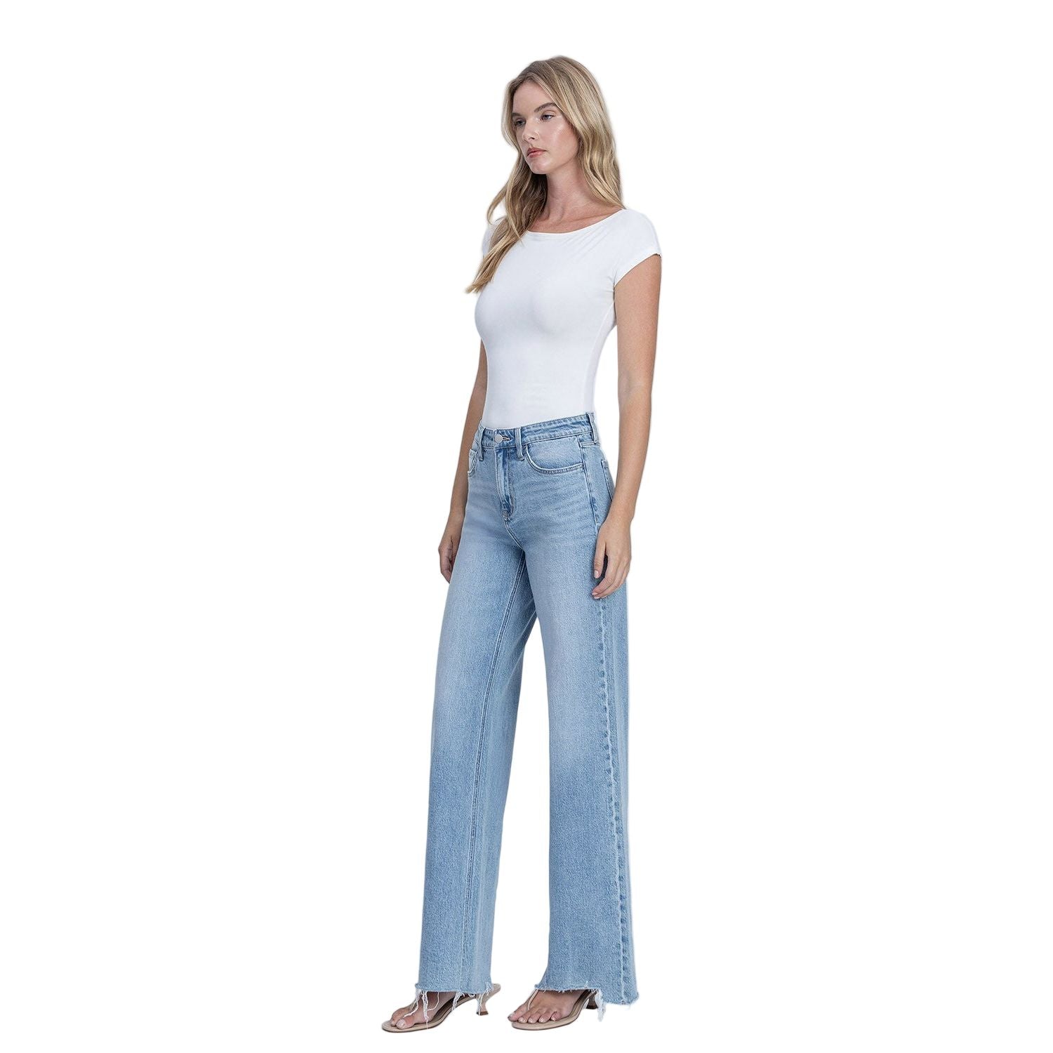 Women's Flying Monkey High Rise Medium Light Wash Raw Hem Wide Jeans F9053