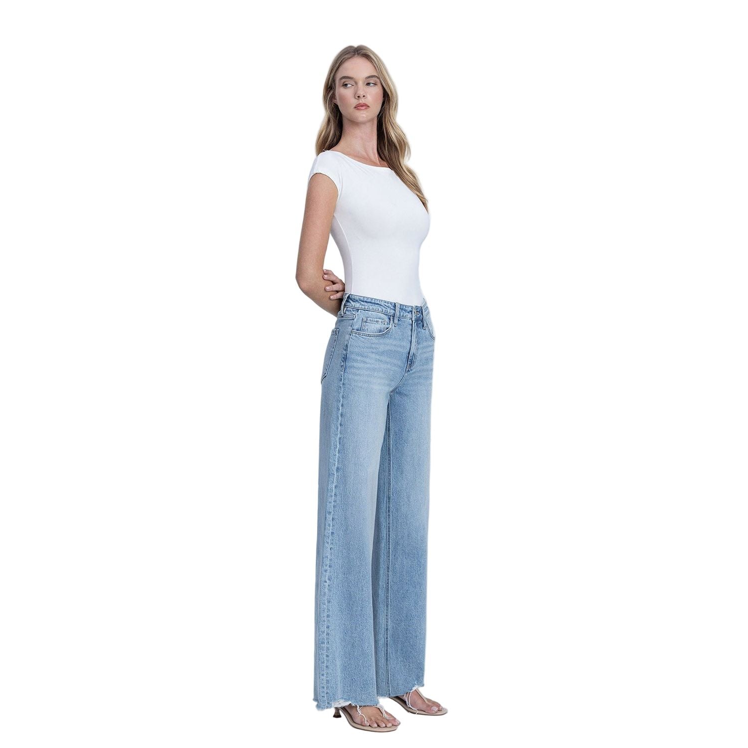 Women's Flying Monkey High Rise Medium Light Wash Raw Hem Wide Jeans F9053