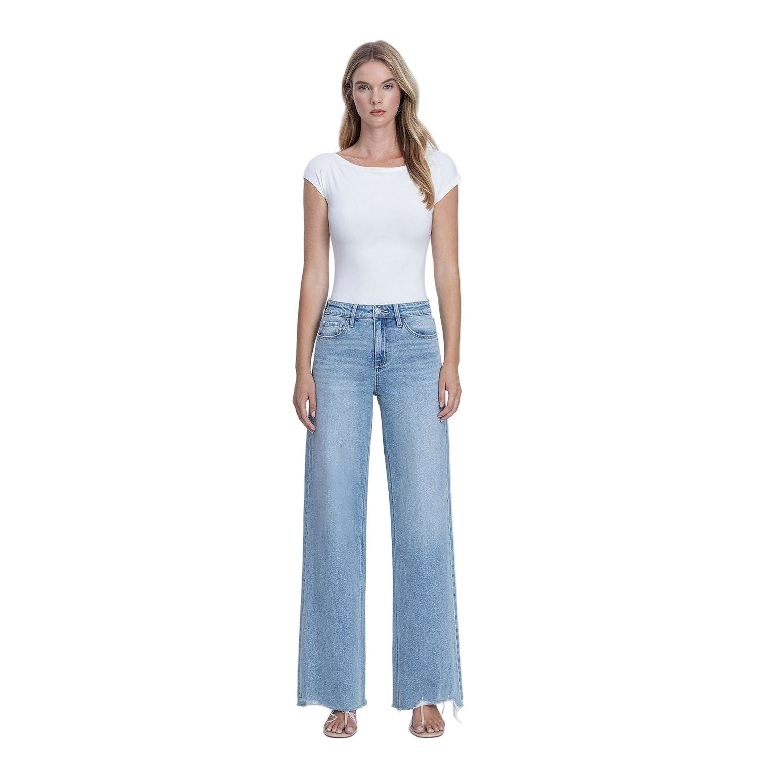 Women's Flying Monkey High Rise Medium Light Wash Raw Hem Wide Jeans F9053