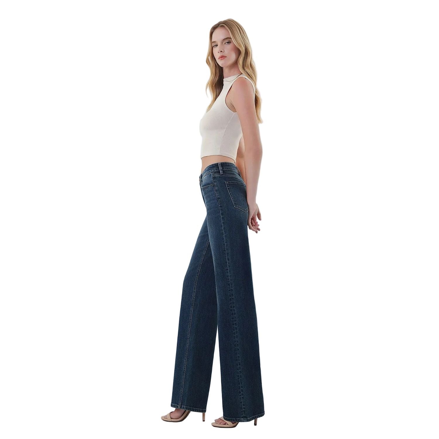 Women's Flying Monkey Mid Rise Full Length Dark Wash Wide Leg Jeans F6334