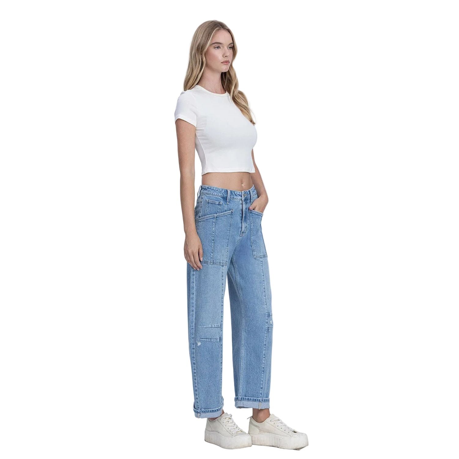 Women's Flying Monkey Super High Rise Patch Pocket Cuffed Barrel Jeans F9134