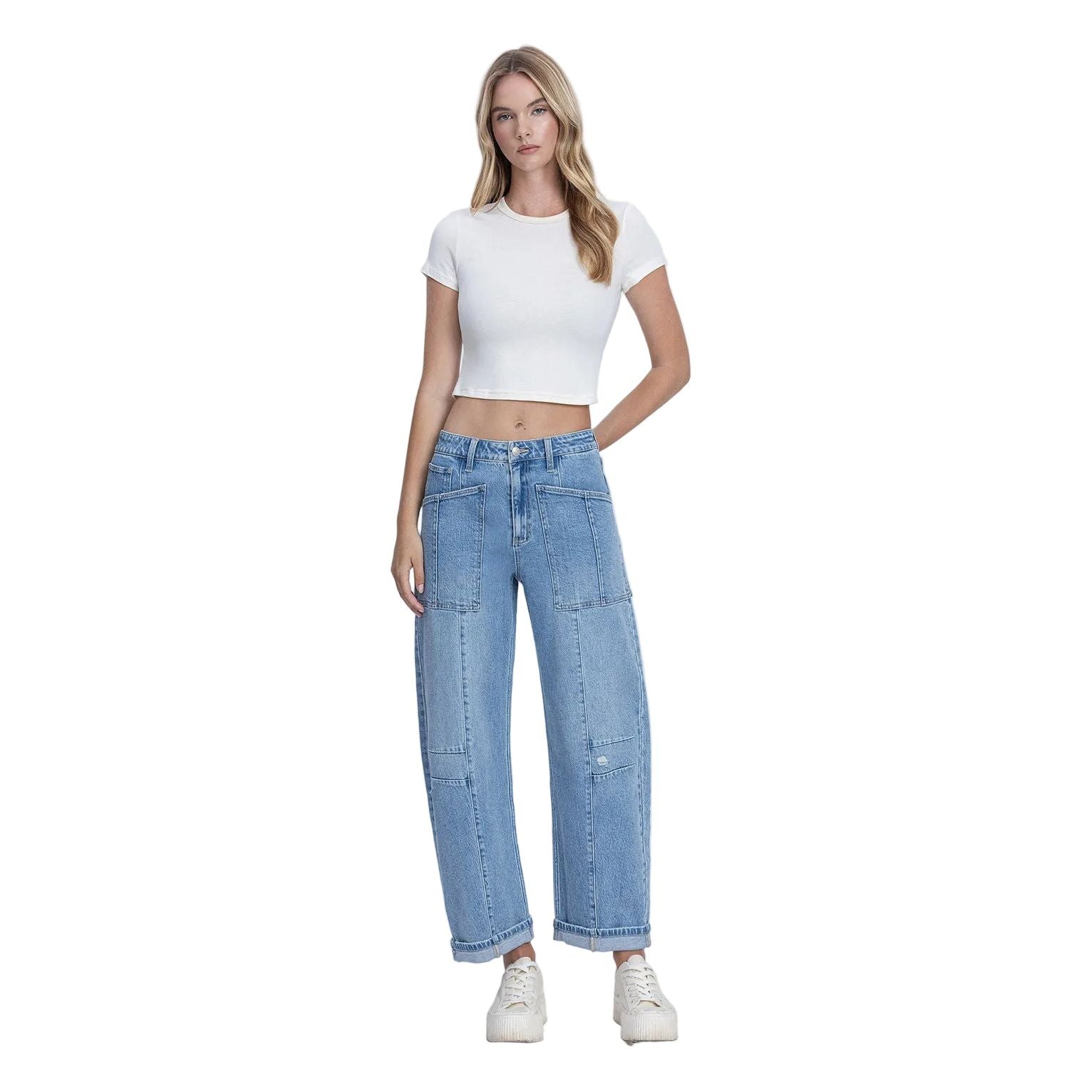 Women's Flying Monkey Super High Rise Patch Pocket Cuffed Barrel Jeans F9134