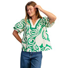 Women's Green and White Printed V-neck Blouse TY1027