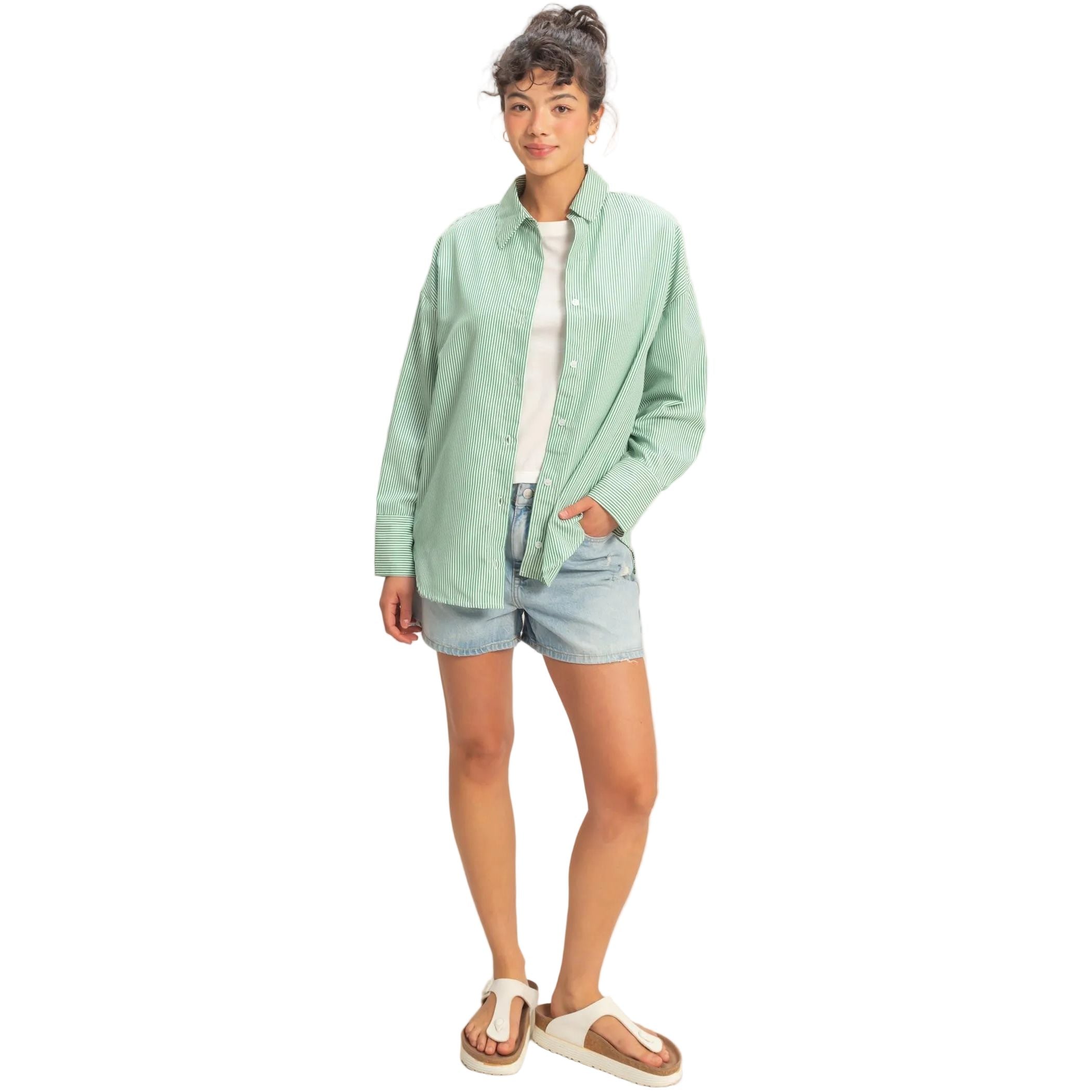 Women's Green and White Striped Button-up Shirt DZ26A737