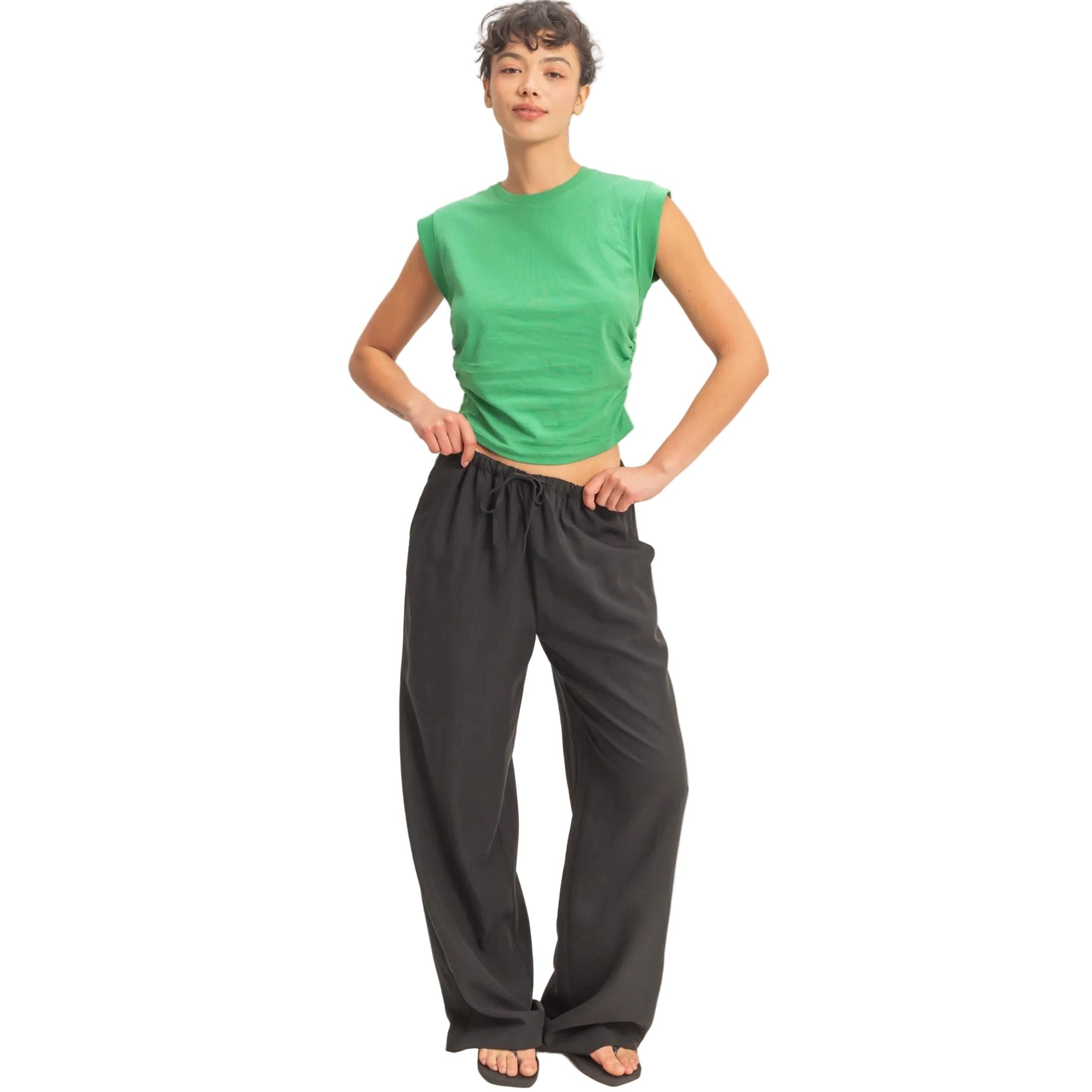 Women's Green Ruched Waist Sleeveless Cotton Top DZ26C520