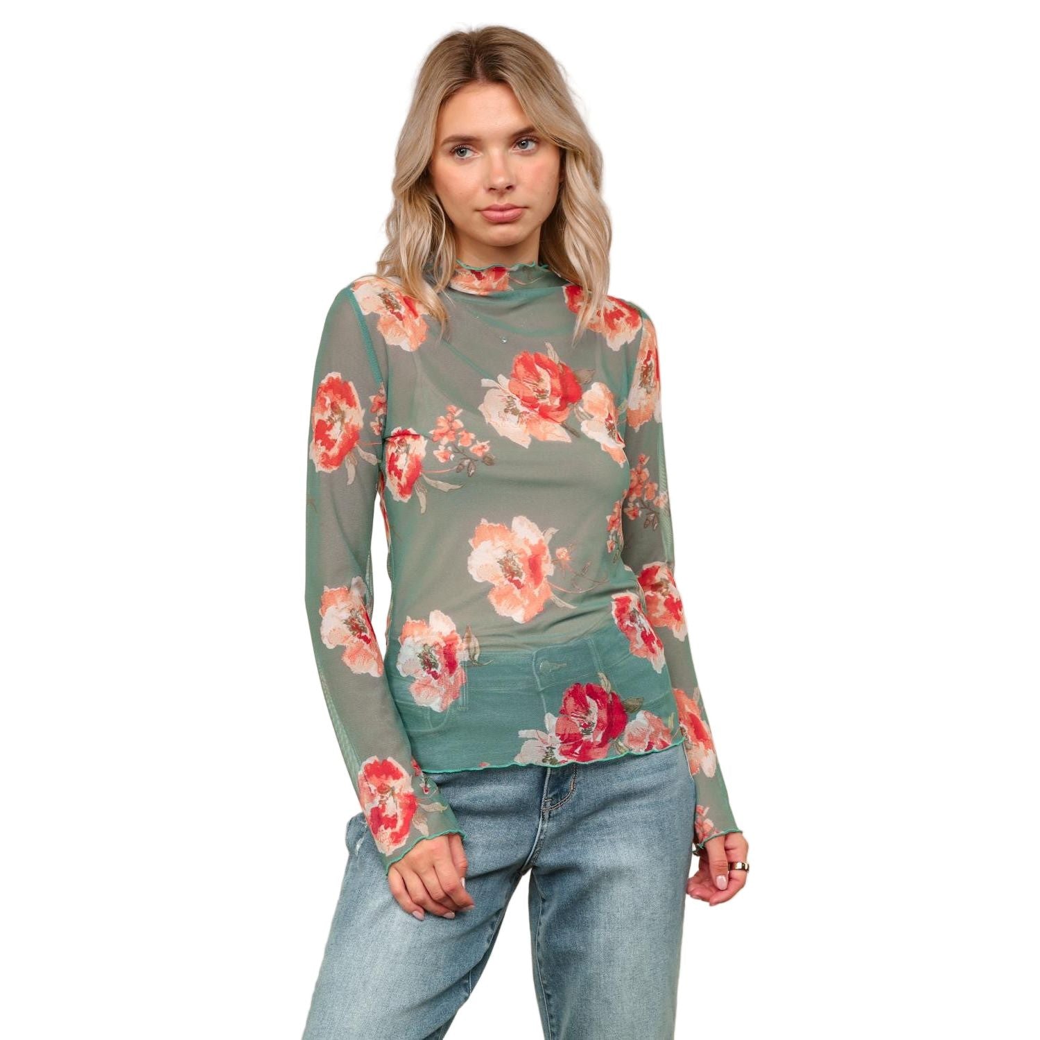 Women's High Neck Semi Sheer Top HT7090C