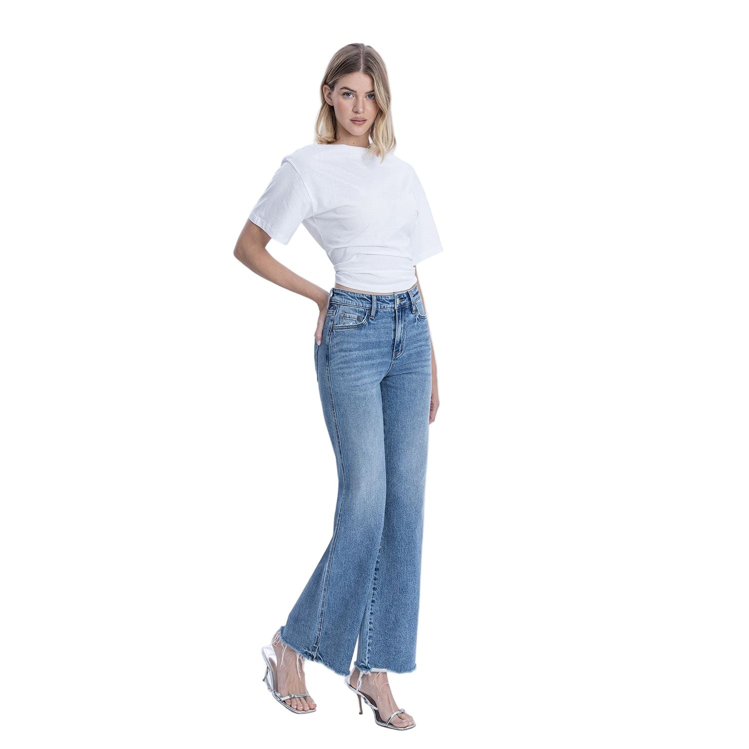 Women's High Rise Distressed Slit Hem Vintage Flare Jeans F9071