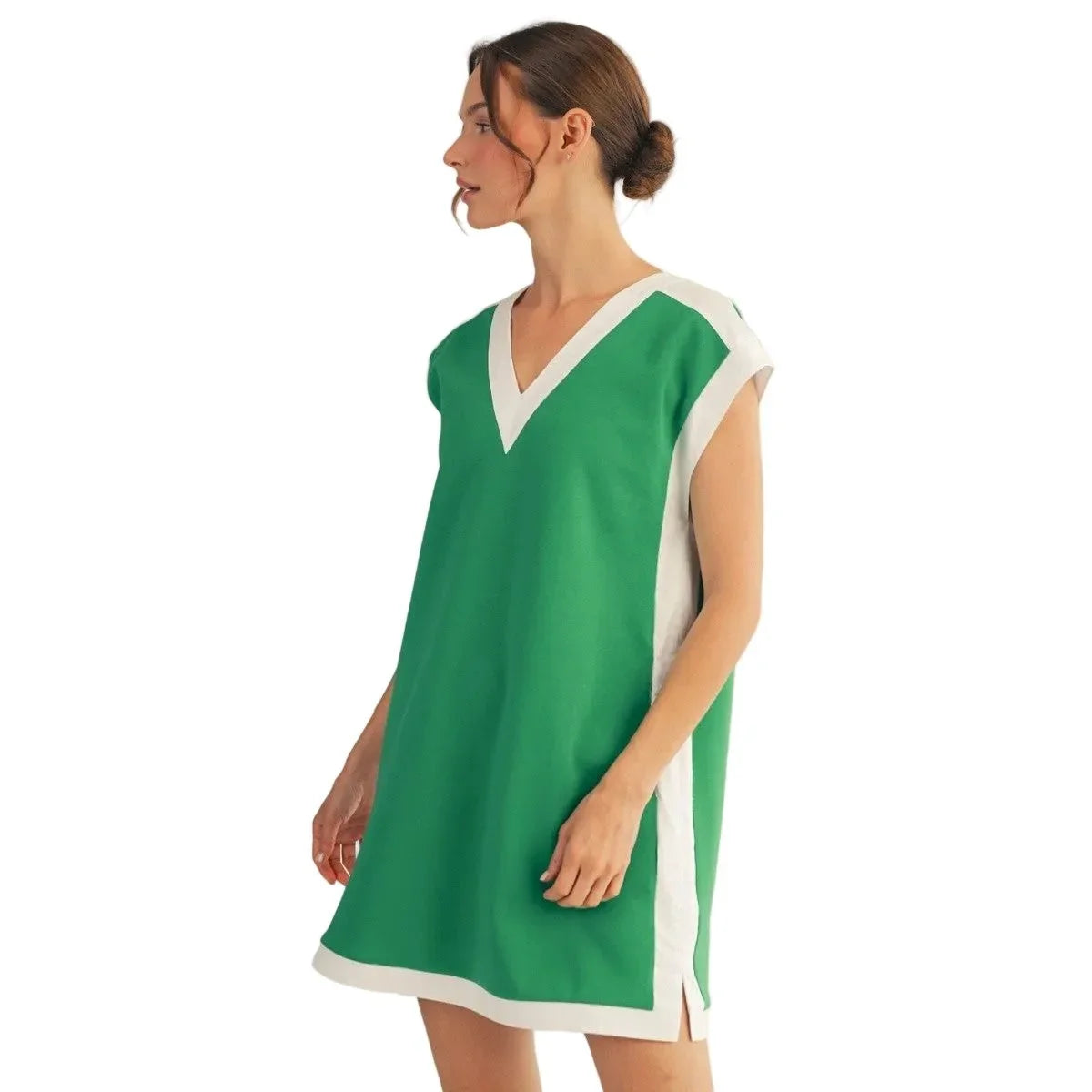 Women's Jodifl Green and White Contrast Accent Solid Casual Dress L
