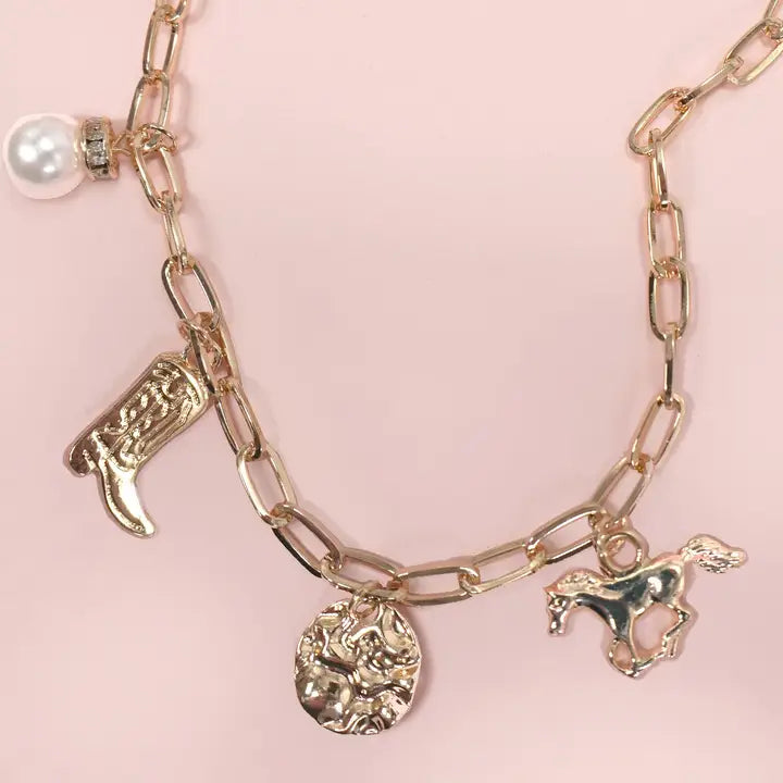 Women's Josslyn Gold Western Boot Star Hat Horseshoe Charm Necklace 80N1187-NCK