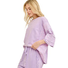 Women's Lavender Mineral Washed Eyelet Lace On Sleeves And Side Top HT7021