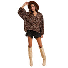 Women's Leopard Plisse Texture Notched Neck Tie Blouse AT3319