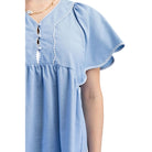 Women's Light Blue Linen V-neck Top With Striped Binding Details TE1872