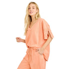 Women's Mineral Washed Cute Bow Trim Slit Blouse Top HT7250