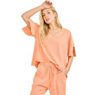 Women's Mineral Washed Cute Bow Trim Slit Blouse Top HT7250
