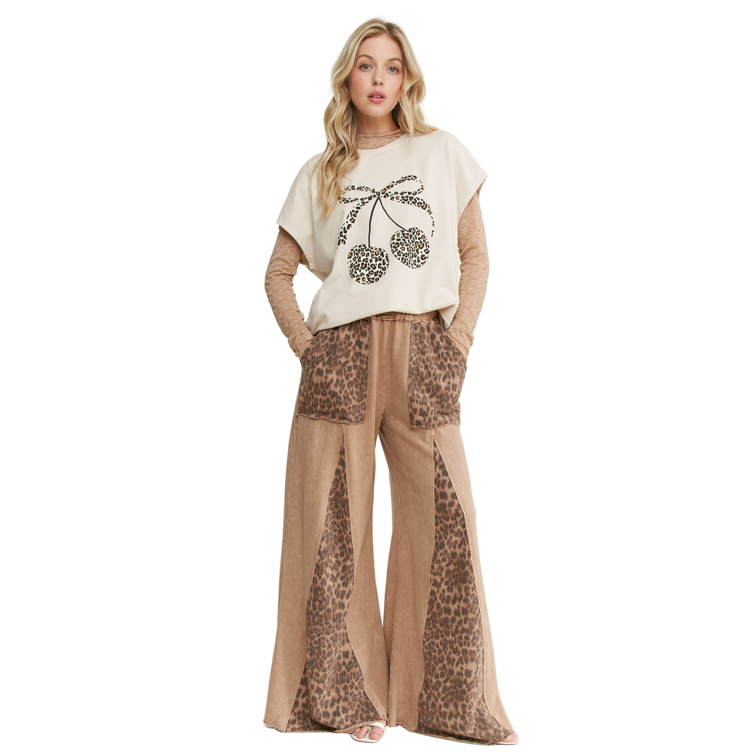 Women's Mineral Washed Leopard Animal Print Flare Pants HP5783P1