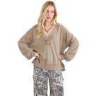 Women's Mineral washed Ribbed V-neck Terry Sweatshirt HT6911