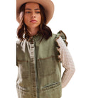 Women's Olive Washed Denim Stitch Ruffled Hidden Button Vest Top