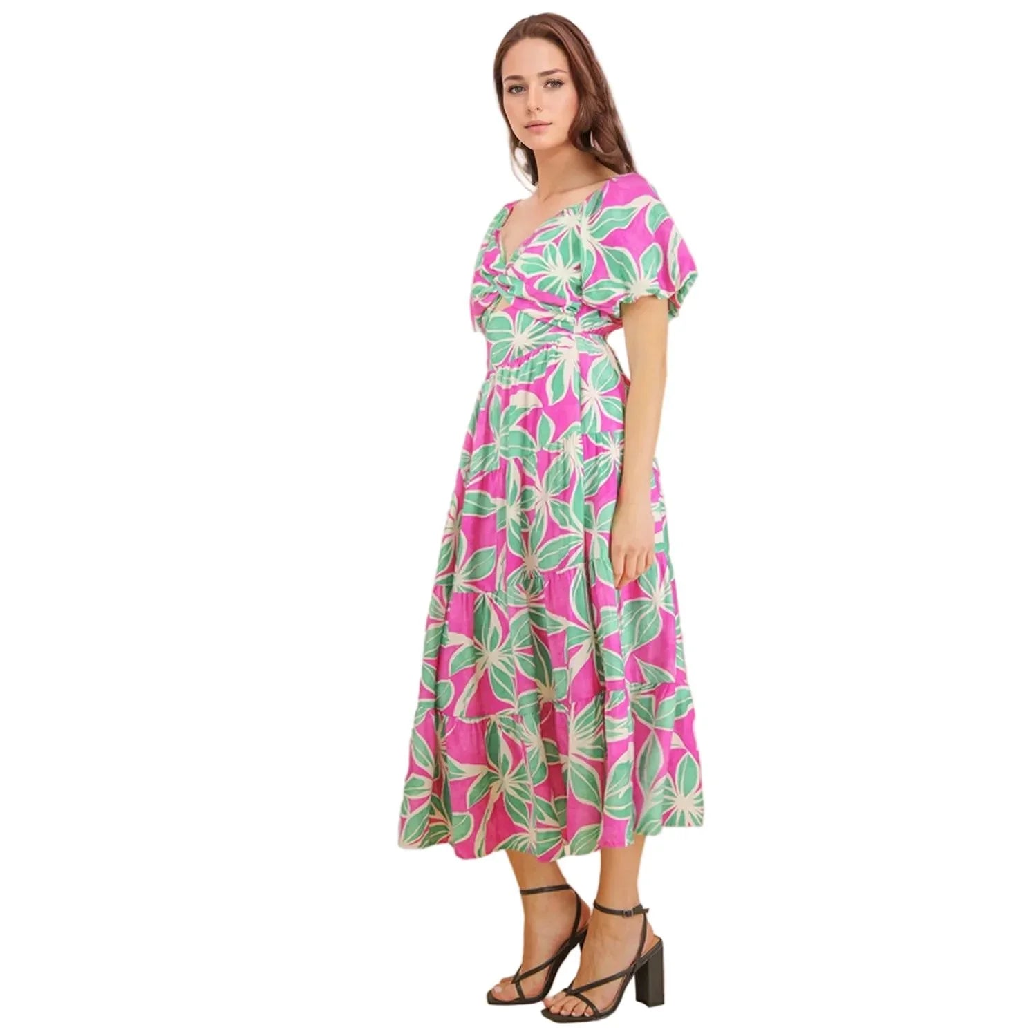 Women's Pink Floral Printed Puff Sleeve Resort Midi Dress – Crazy House Western Wear