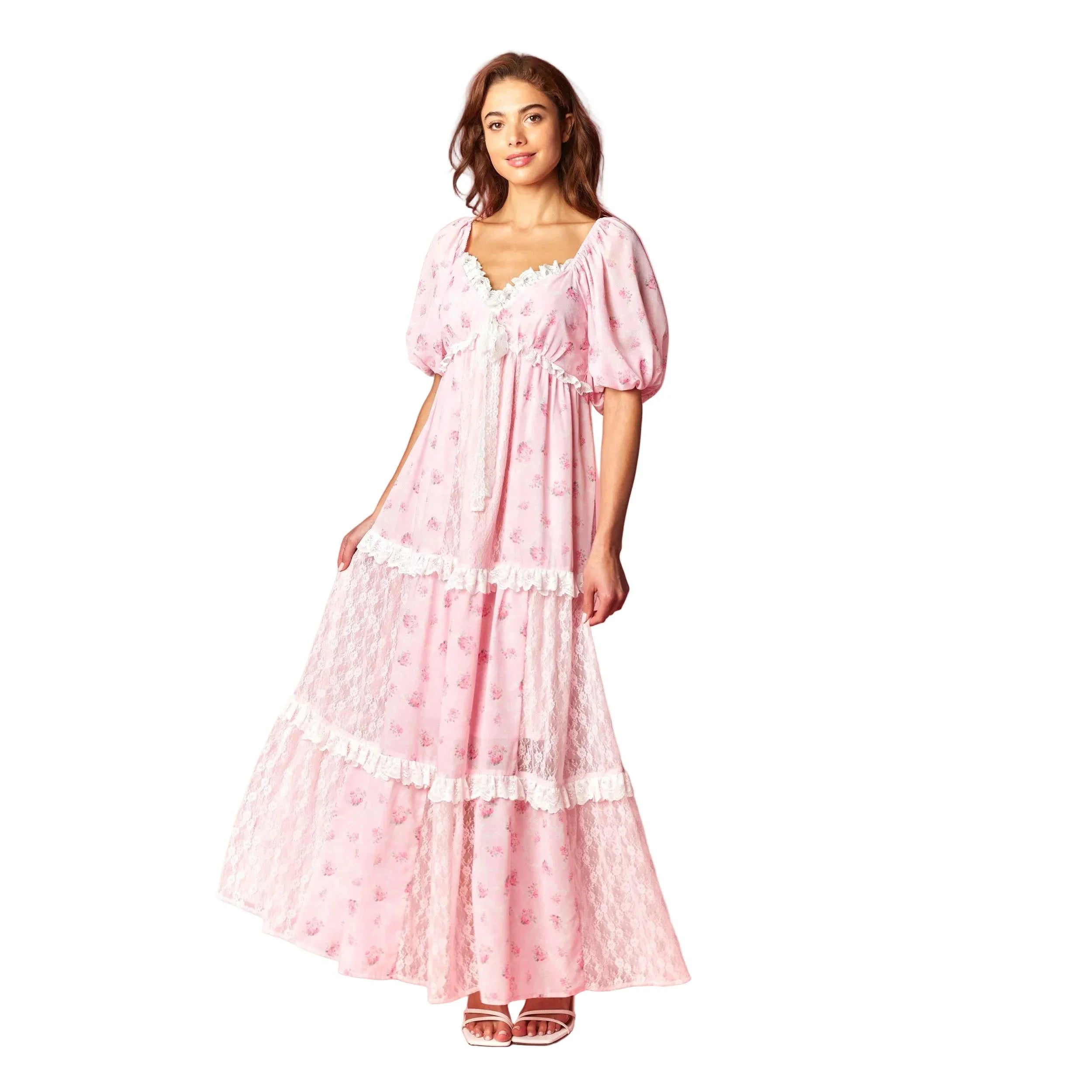 Women's Pink Vintage Rose Lace Panel Maxi Dress R30800D-01 M