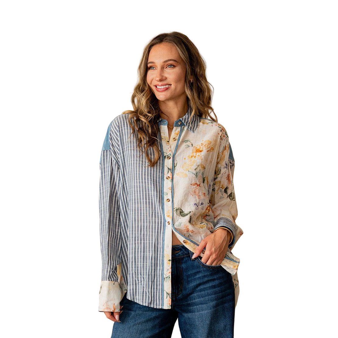 Women's Relaxed Fit Long Sleeve Striped And Floral Top ET6308