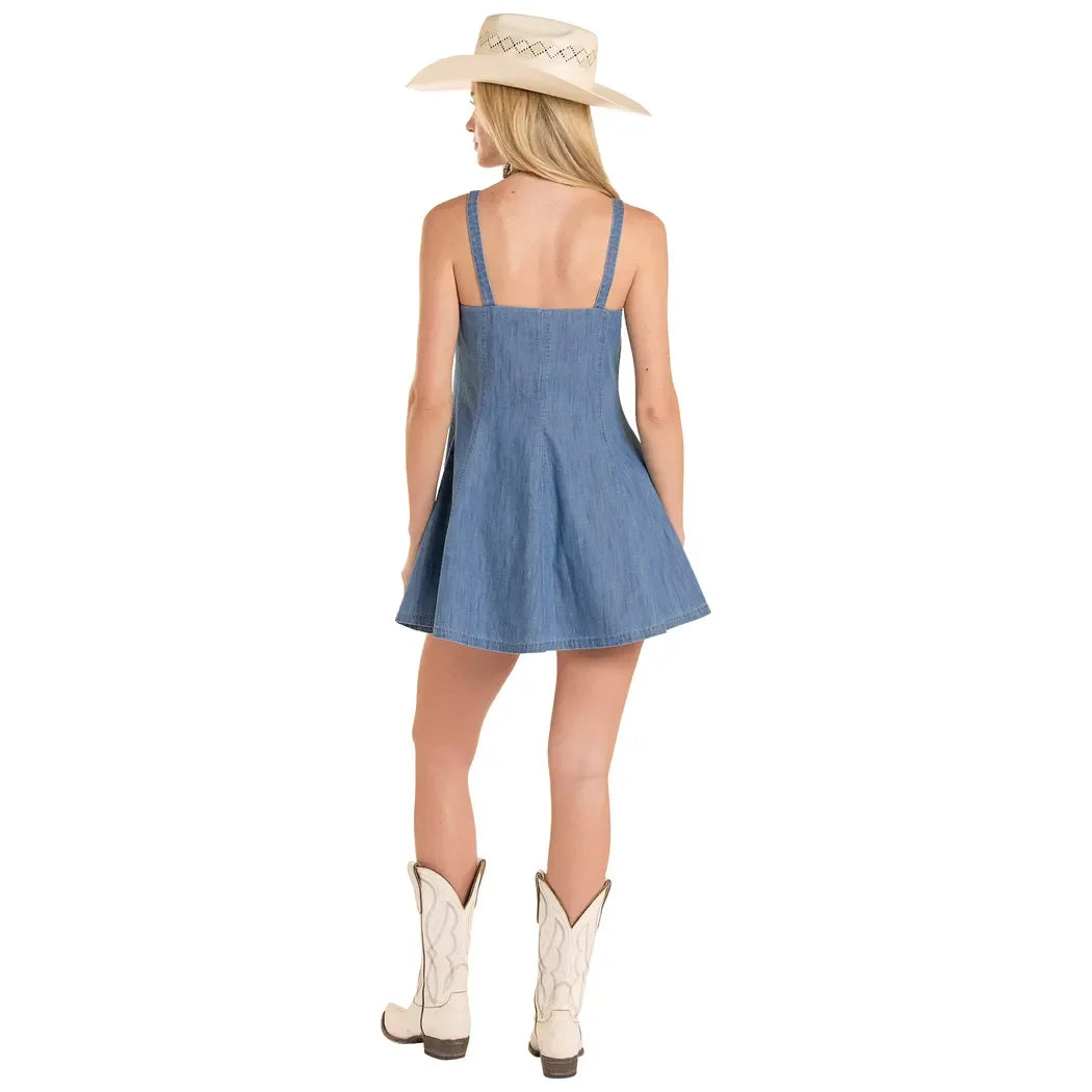 Rock & Roll Denim: Women's Flared Buckle Mini Dress M