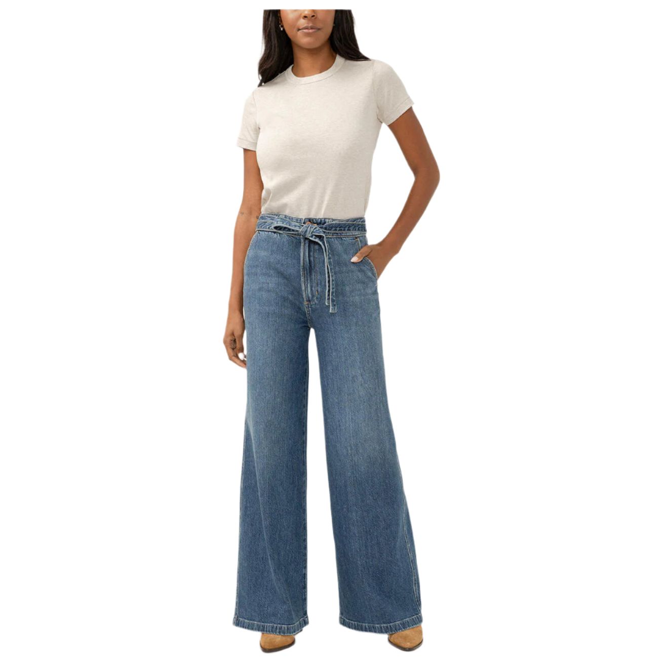 Women's Silver Highly Desirable High Rise Belted Ultra Wide Leg Jeans L28970ADM314 - Crazy House Western Wear