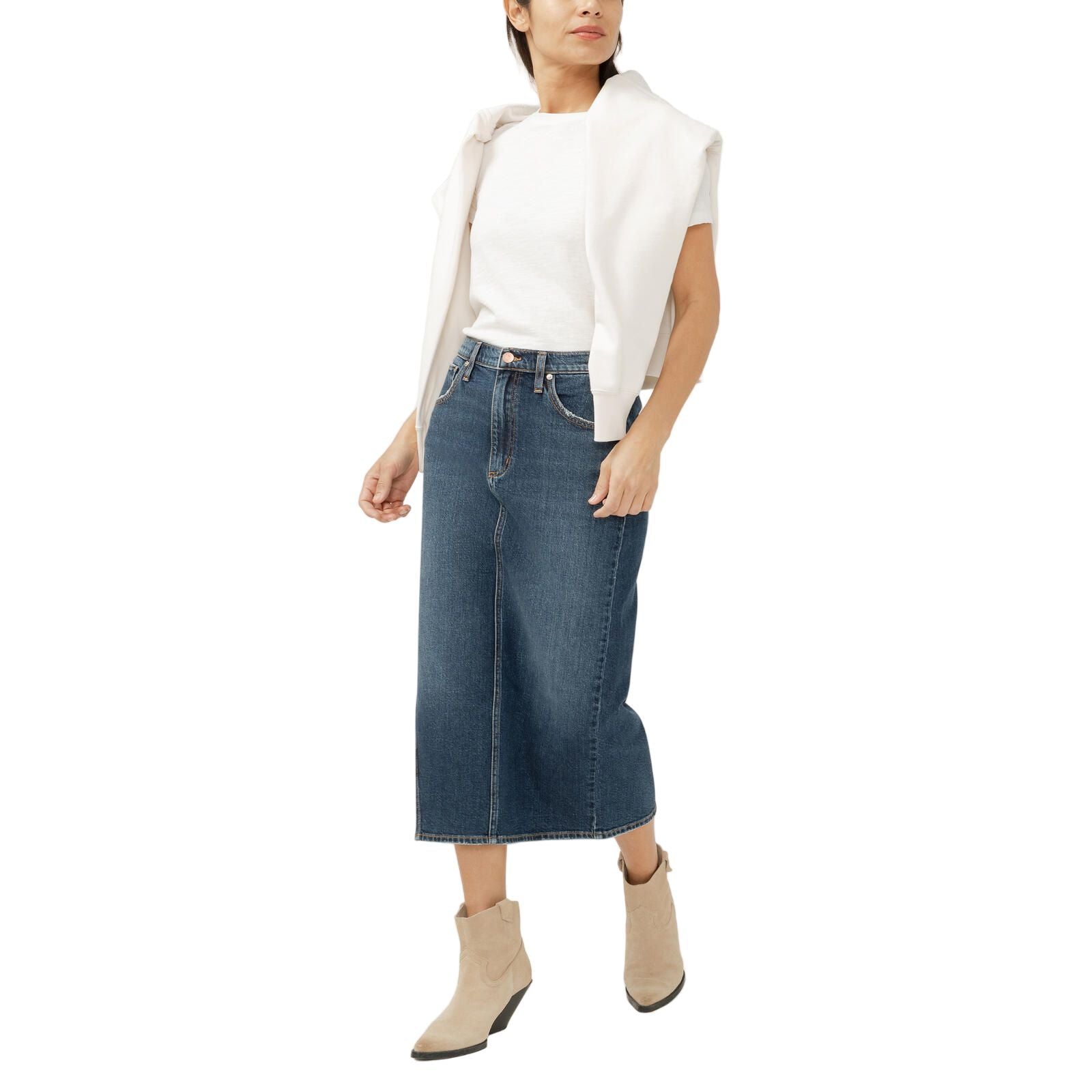 Women's Silver Side Slit Denim Midi Skirt L34111ADM356