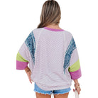 Women's Stripe Floral Raw Edge Patchwork Bracelet Sleeve Top