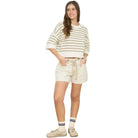Women's Stripe Raw Edge Drop Shoulder Short Sleeve Sweater J6ST1036