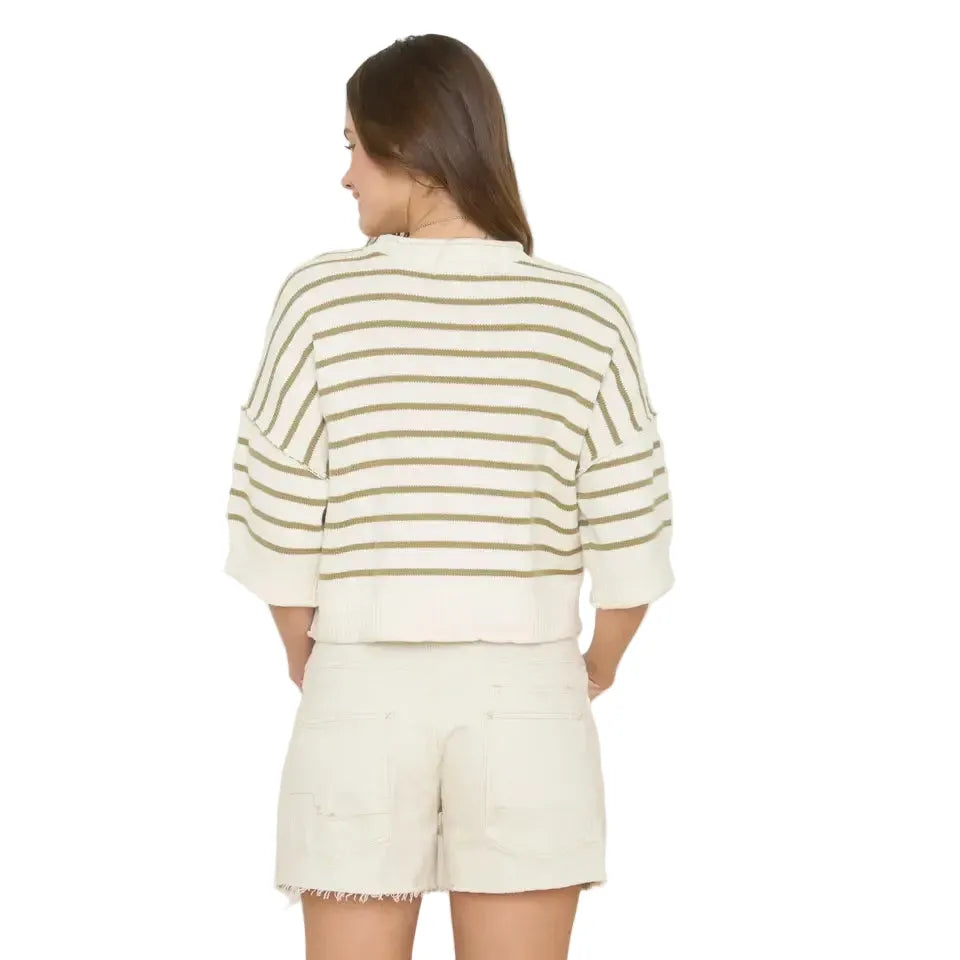 Women's Stripe Raw Edge Drop Shoulder Short Sleeve Sweater J6ST1036