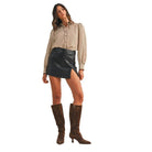 Women's Stripe Scallop Trim Detail Puff Sleeve Blouse AT3006W-MOCHA