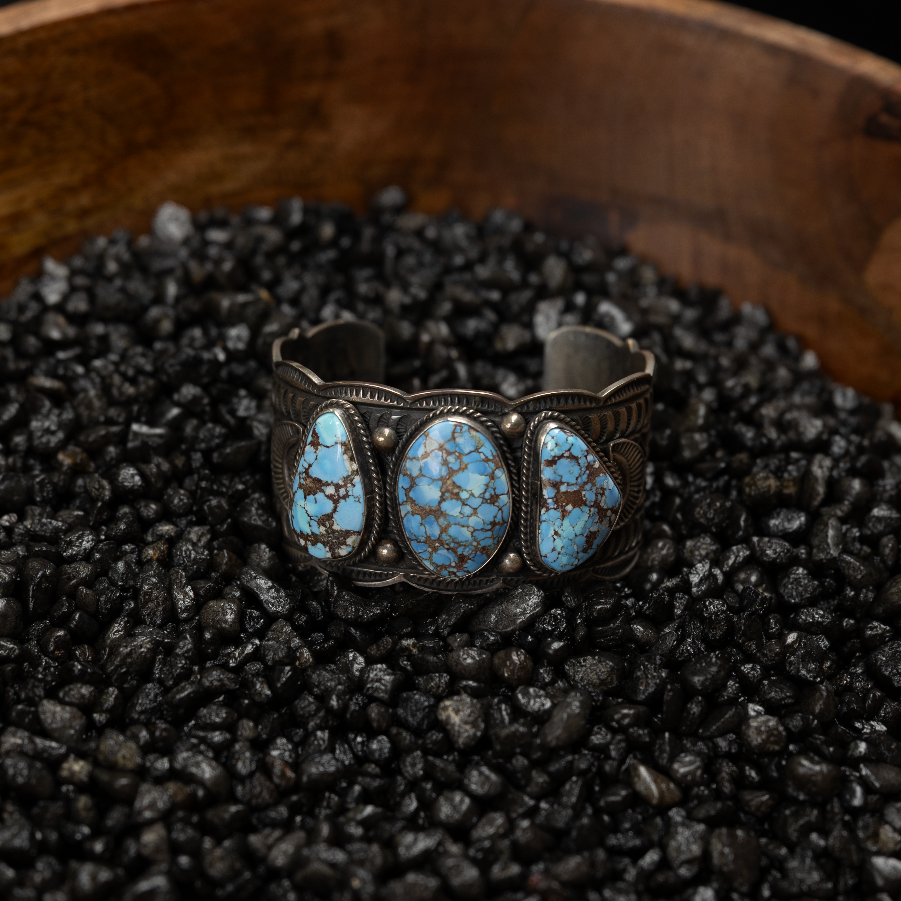 Women's Sunwest Handmade Silver and Golden Hills Turquoise Thick Cuff