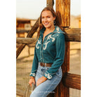 Women's Teal Ivory Patch Embroidered Boot Stitch Contrast Piping Button Down Shirt TO938-TL