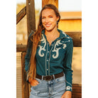 Women's Teal Ivory Patch Embroidered Boot Stitch Contrast Piping Button Down Shirt TO938-TL