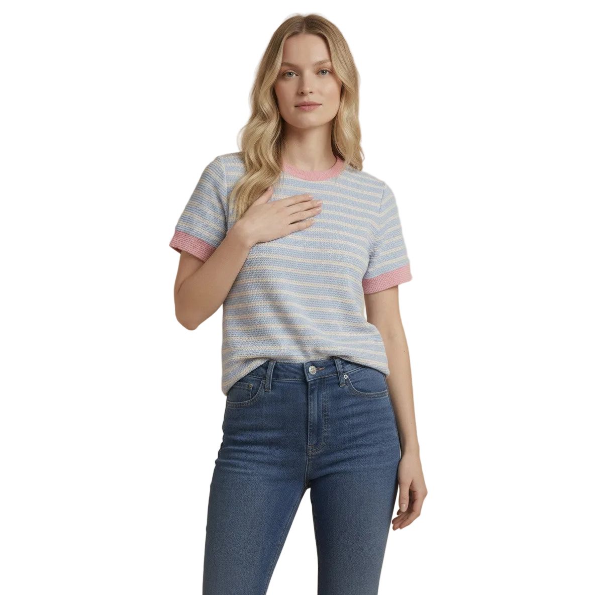 Women's Tres Bien Cloudy Knit Colorblock Ringer Short Sleeve Round Neck Top T-42356