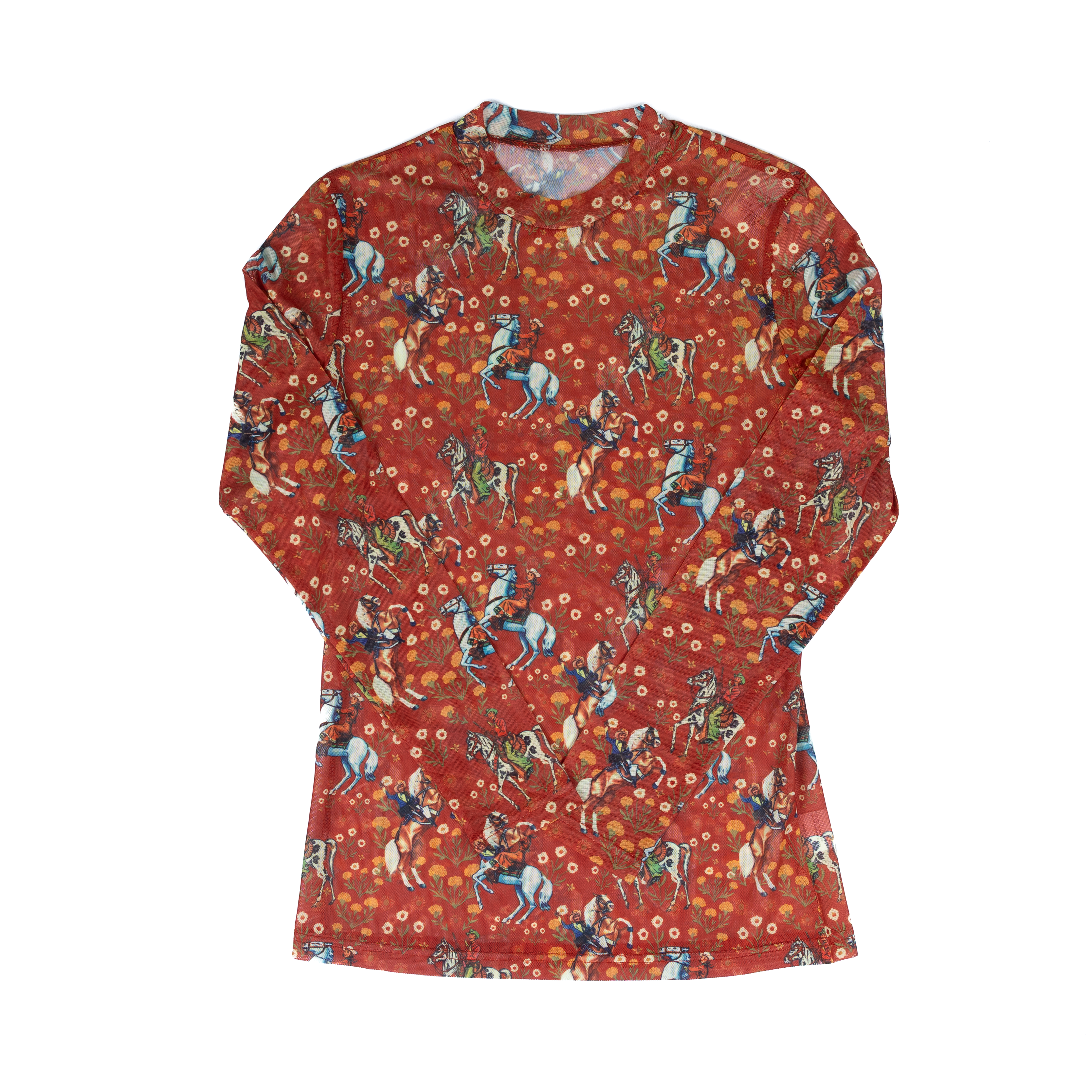 Women's Turquoise Haven Long Sleeve Red Cowboy Mesh Top