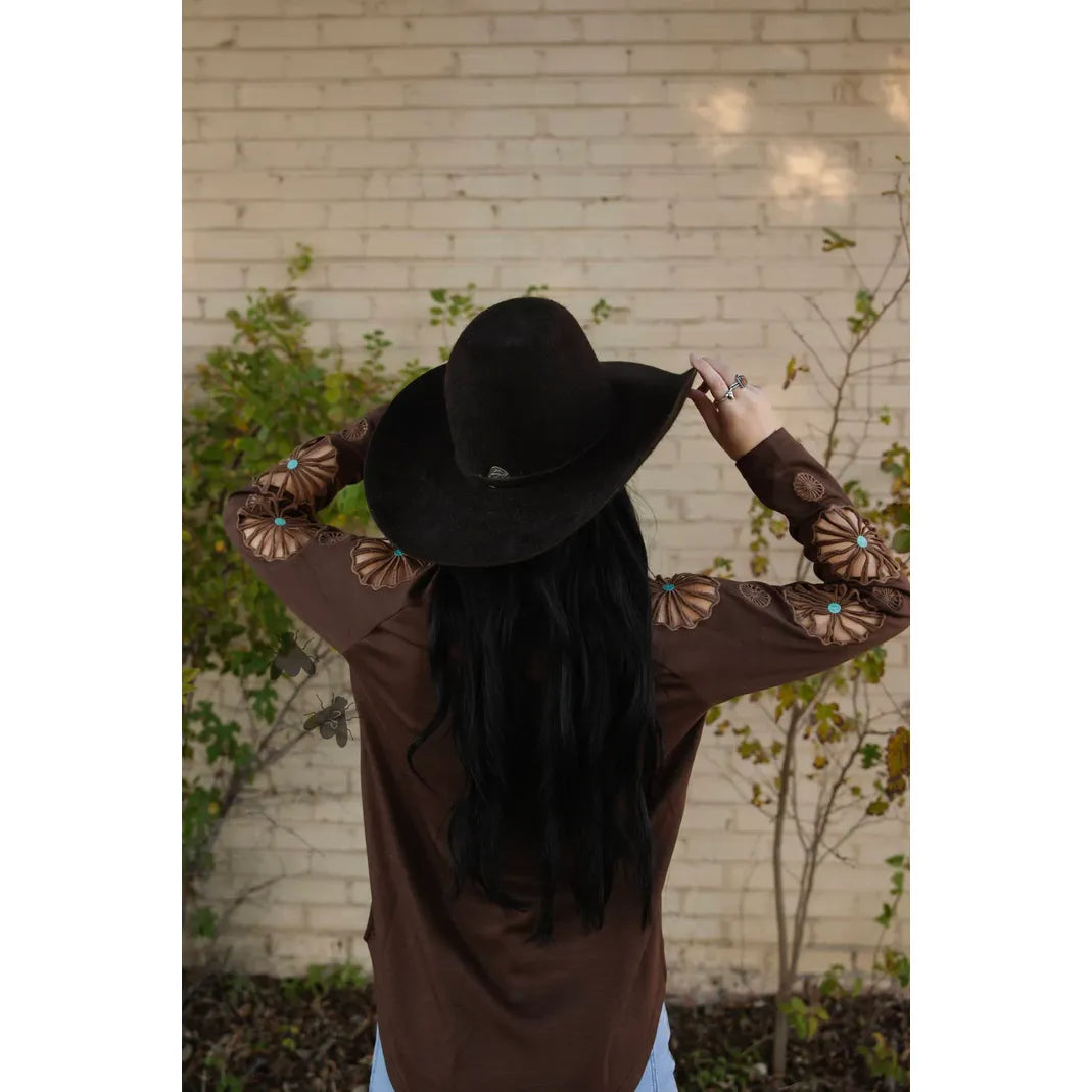 Women's TwoFly Chocolate Brown Wagon Wheel Long Sleeve Blouse