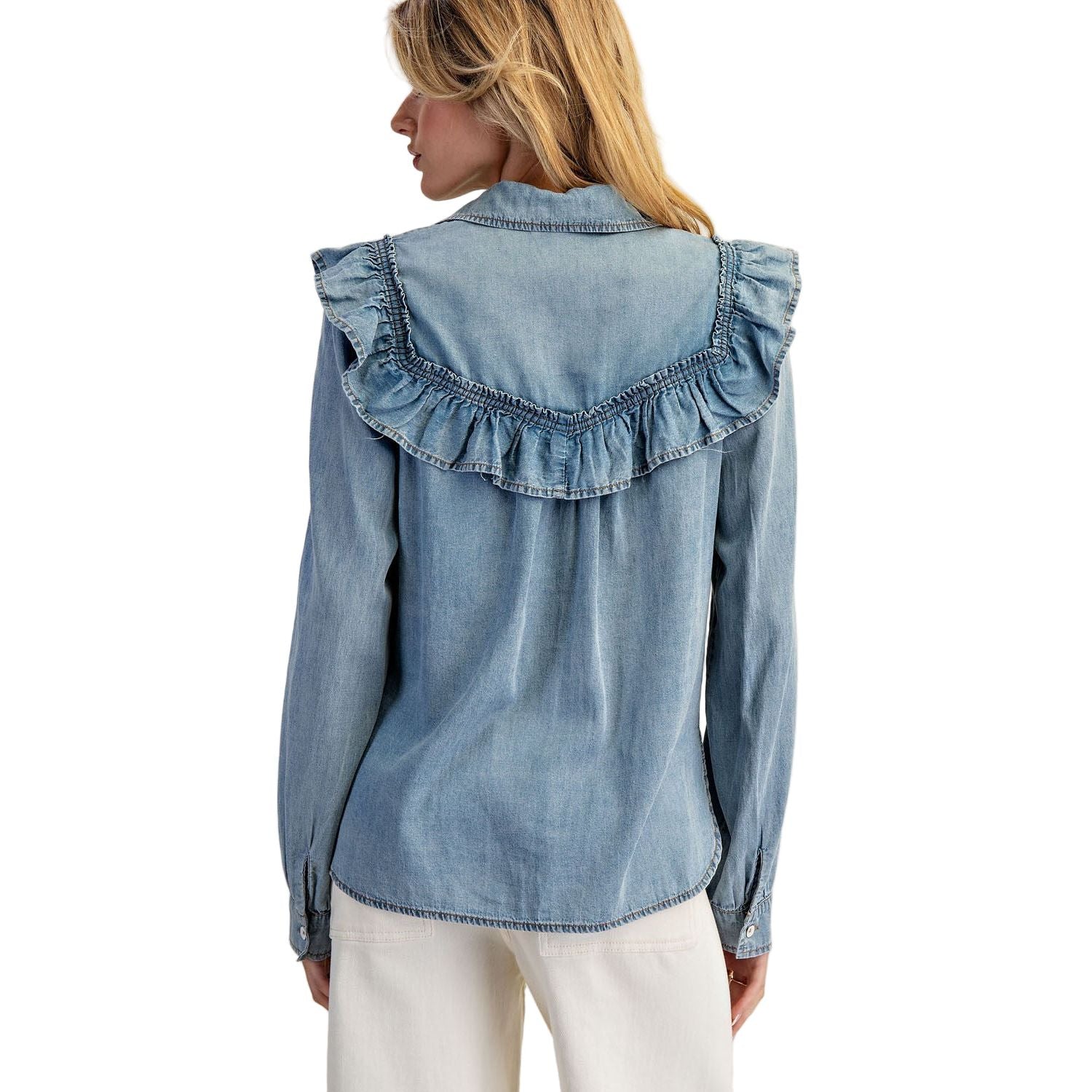 Women's Washed Denim Ruffle Button Down TH15057
