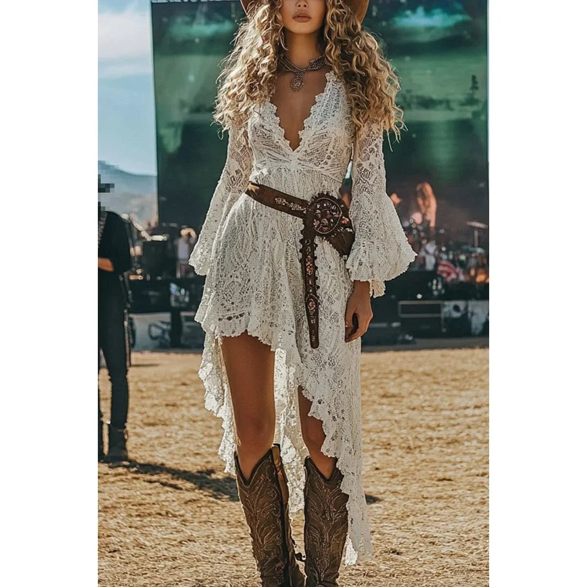 Women's Western Boho Lace V-neck Midi Dress