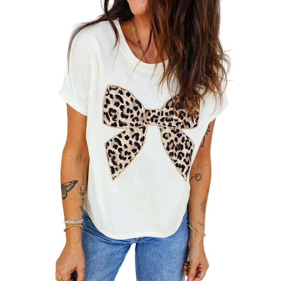 Women's White Leopard Bow Embroidered Cotton Round Neck T-shirt