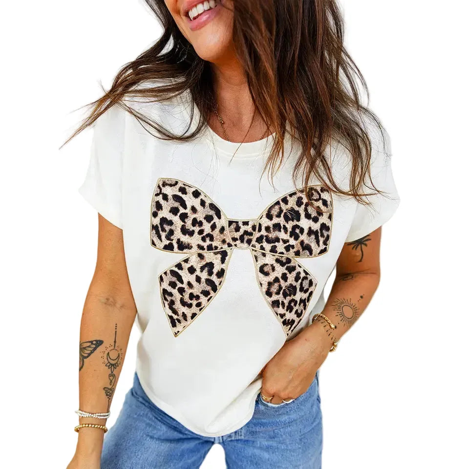 Women's White Leopard Bow Embroidered Cotton Round Neck T-shirt